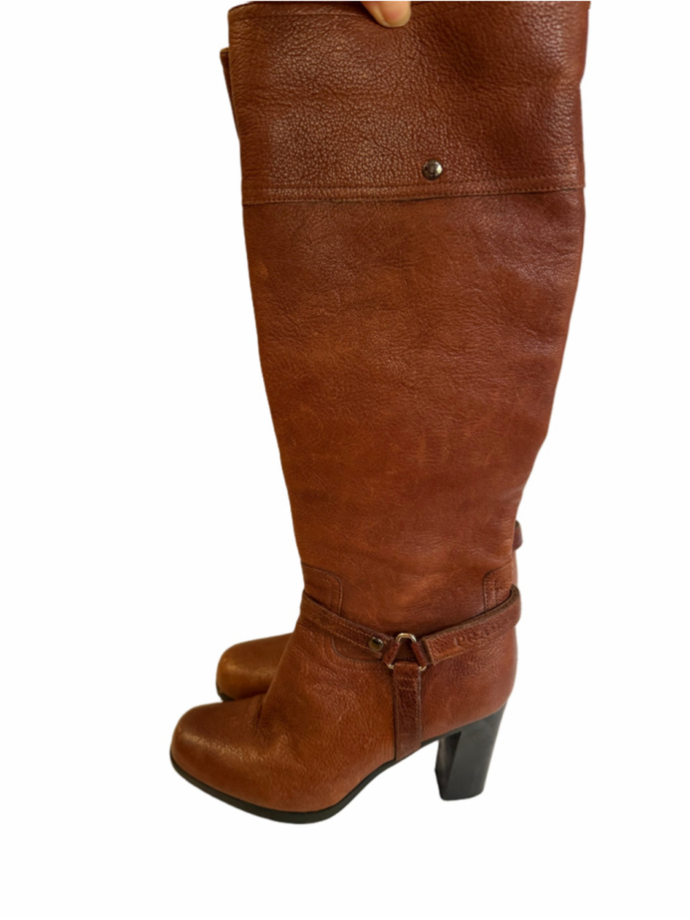 Prada Women’s Brown Pebbled Leather Tall Harness Boots Block Heel Made in Italy